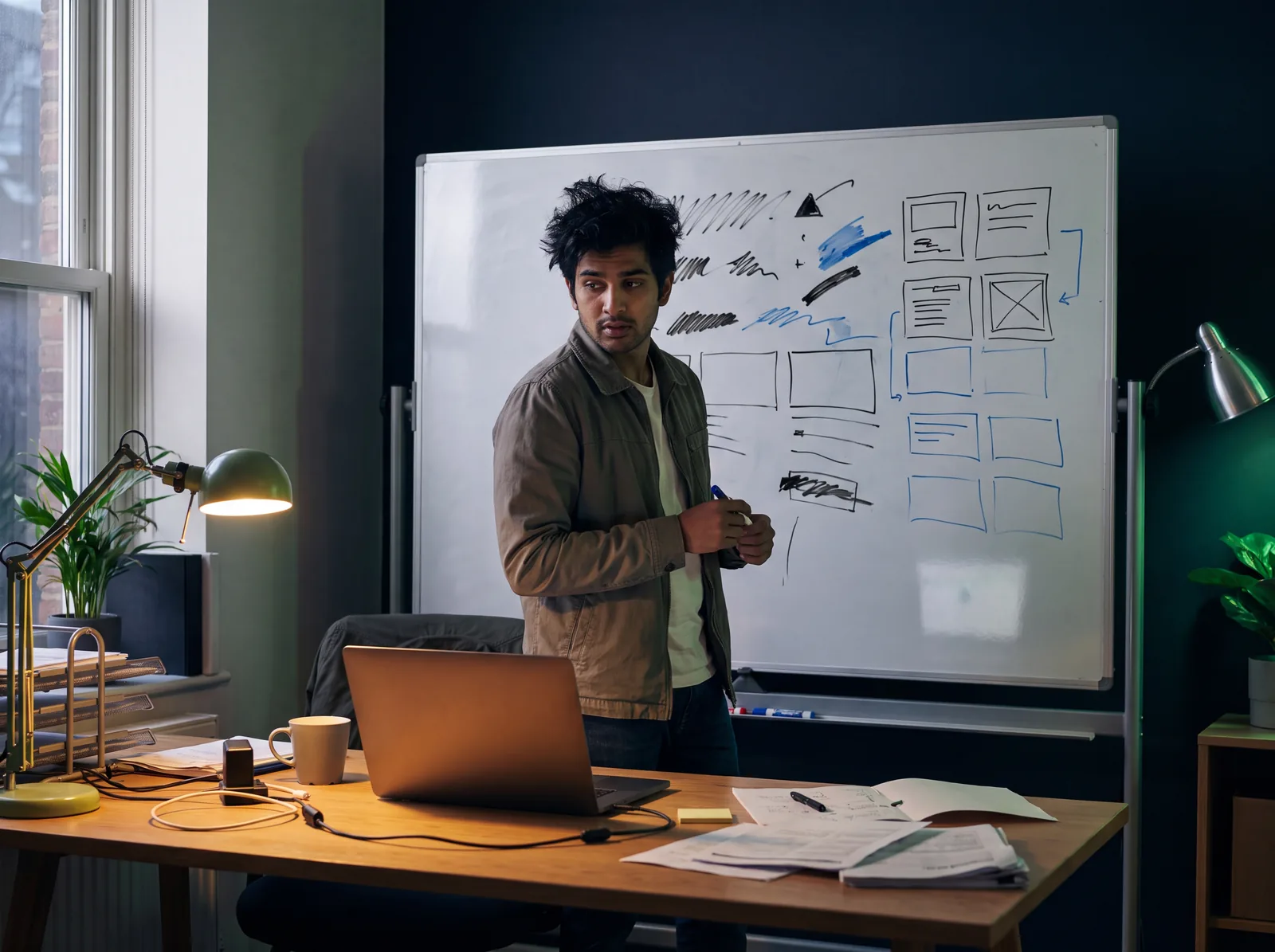 A founder sketching a hiring plan on a whiteboard in a small startup office.