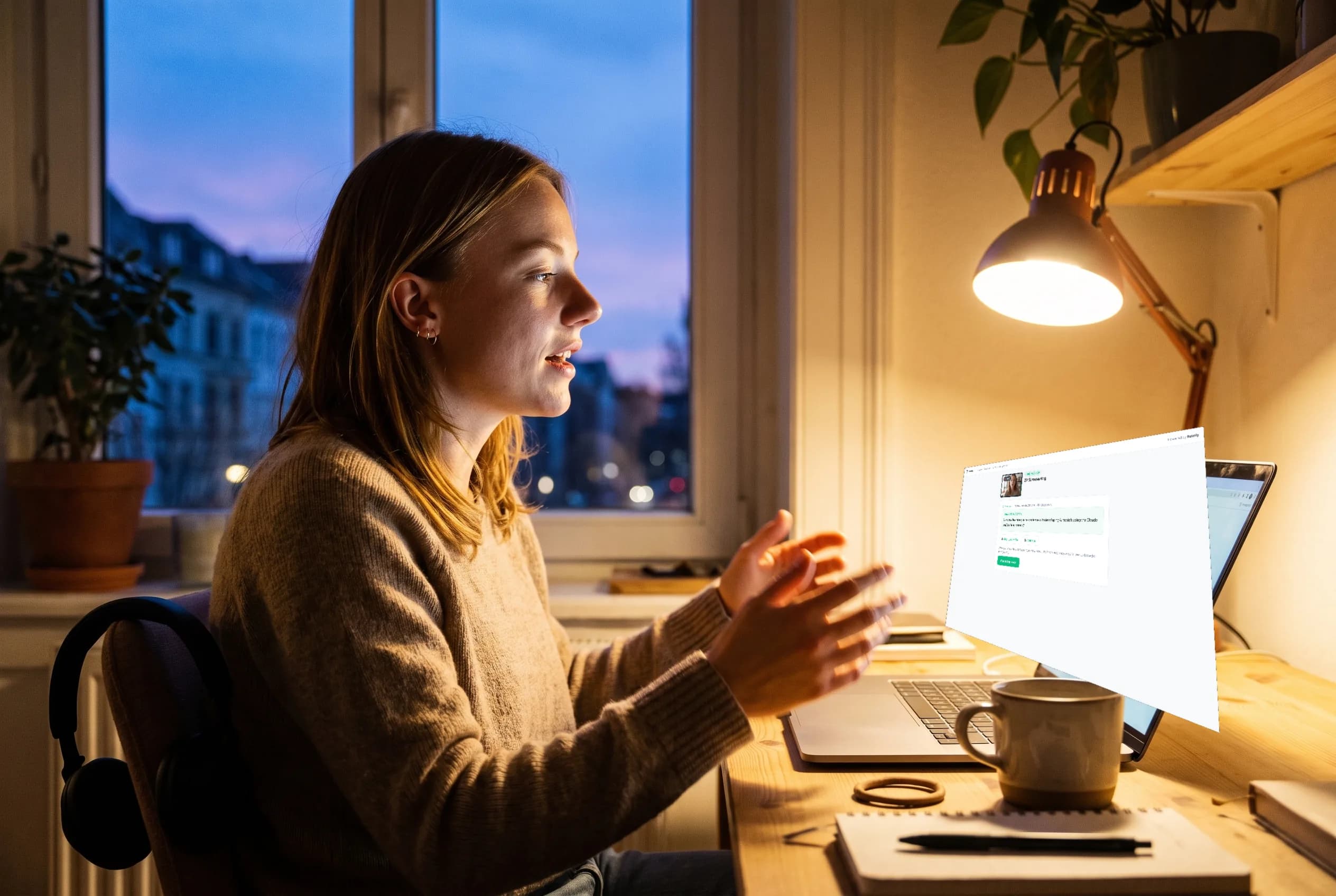Candidate taking an async AI interview from her home desk in the evening.