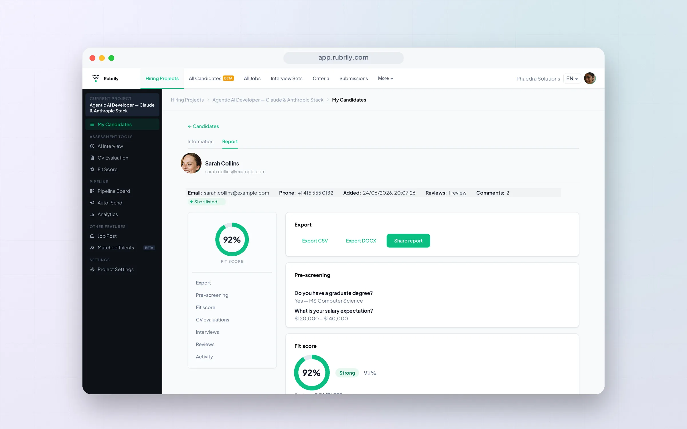 Candidate report Fit Score gauge with component breakdown.