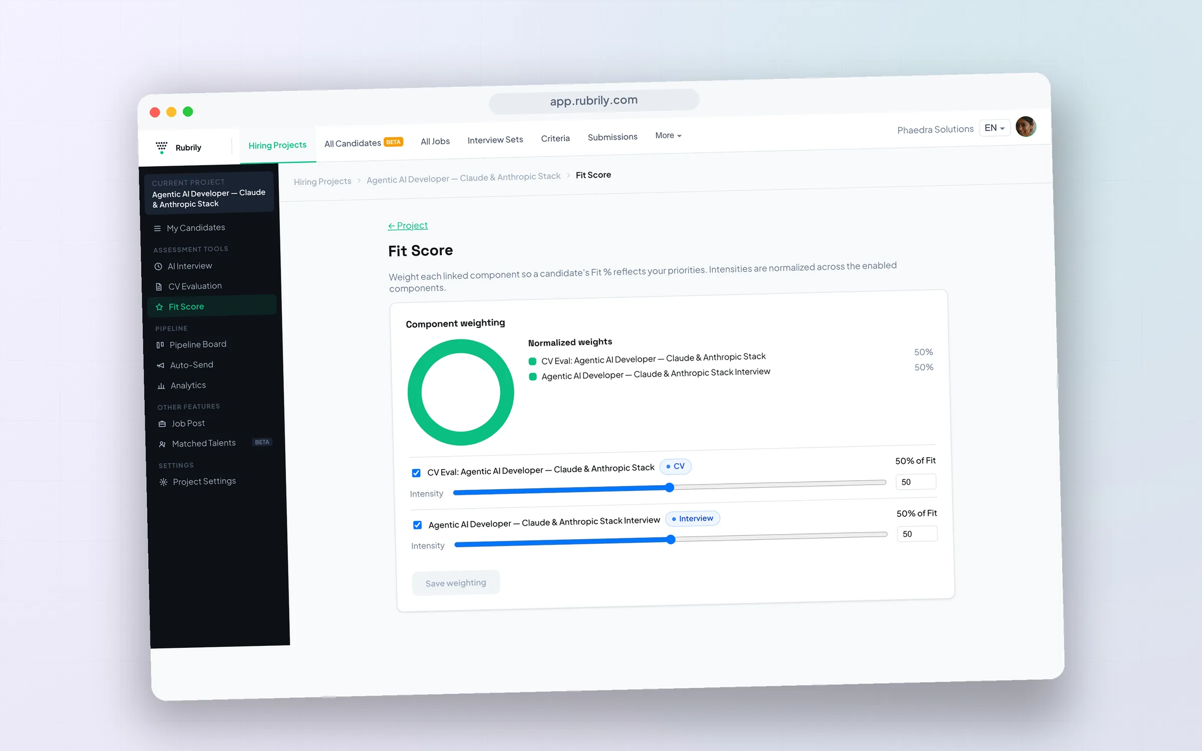Fit Score configuration blending weighted CV and interview components.