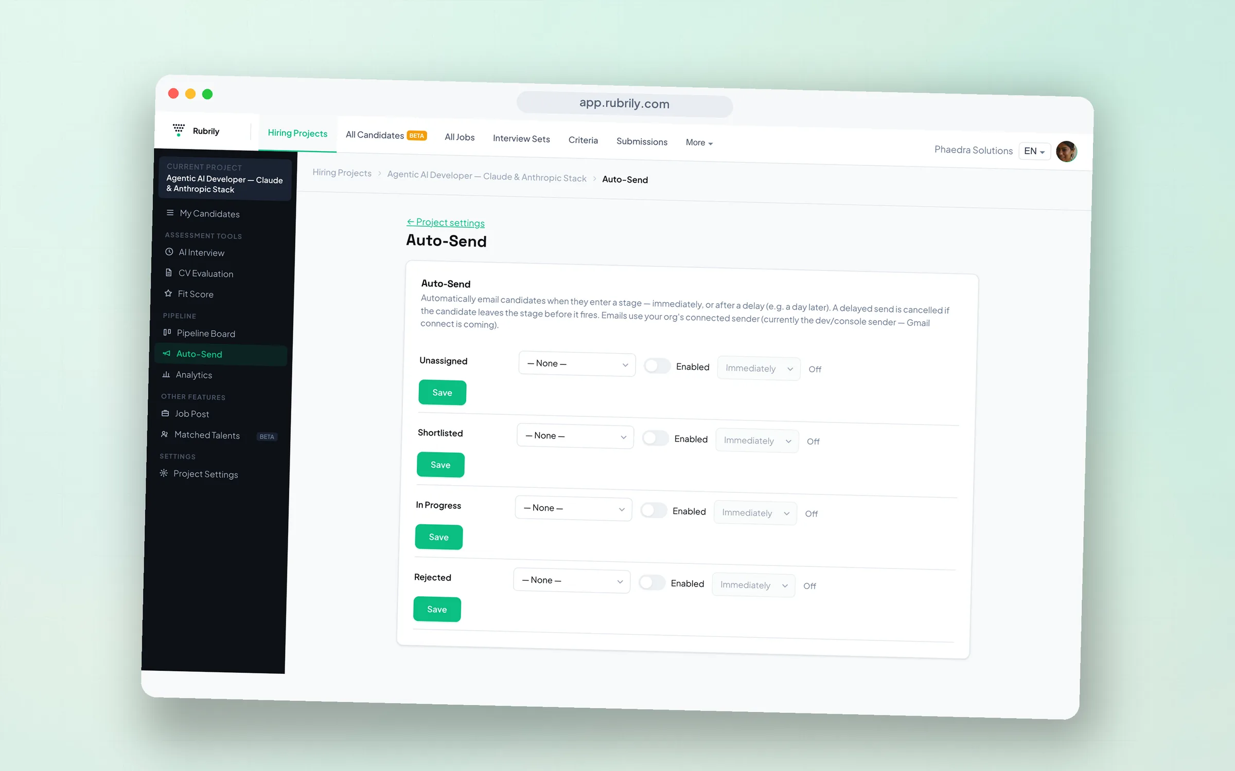 Auto-send email rules configured per pipeline stage.