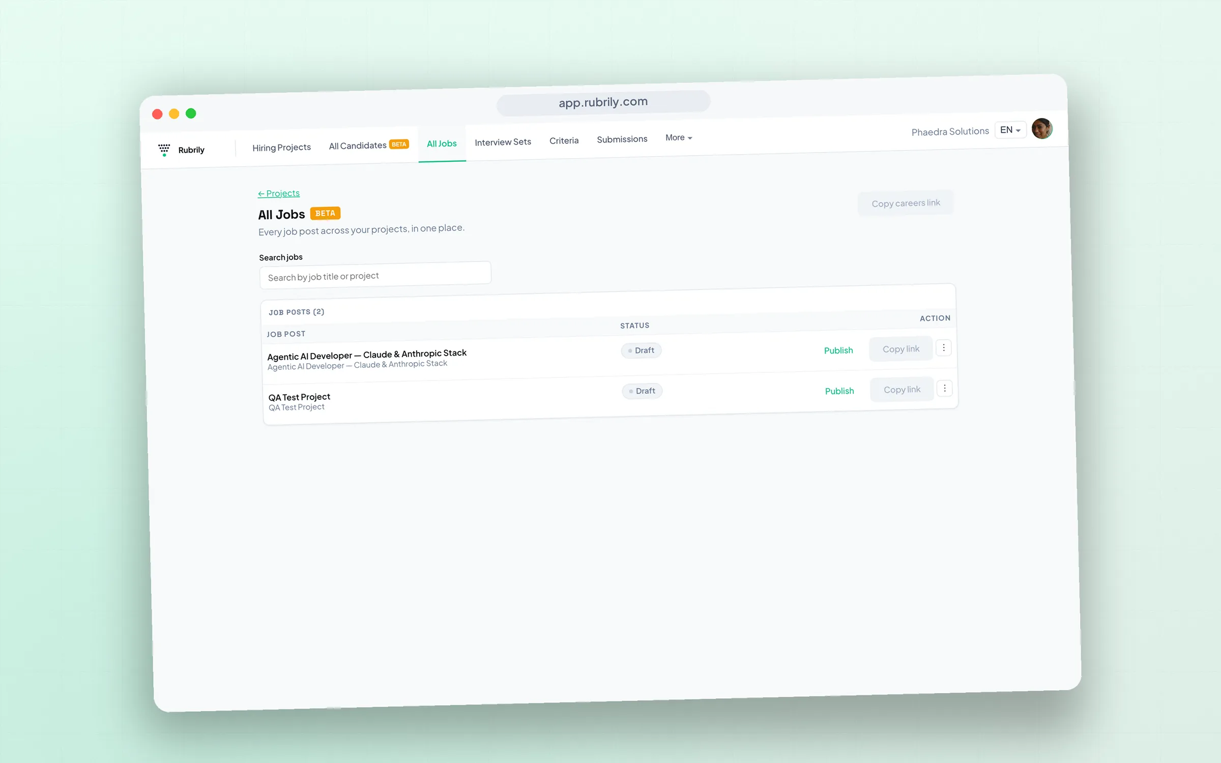 Branded careers page listing published job posts.