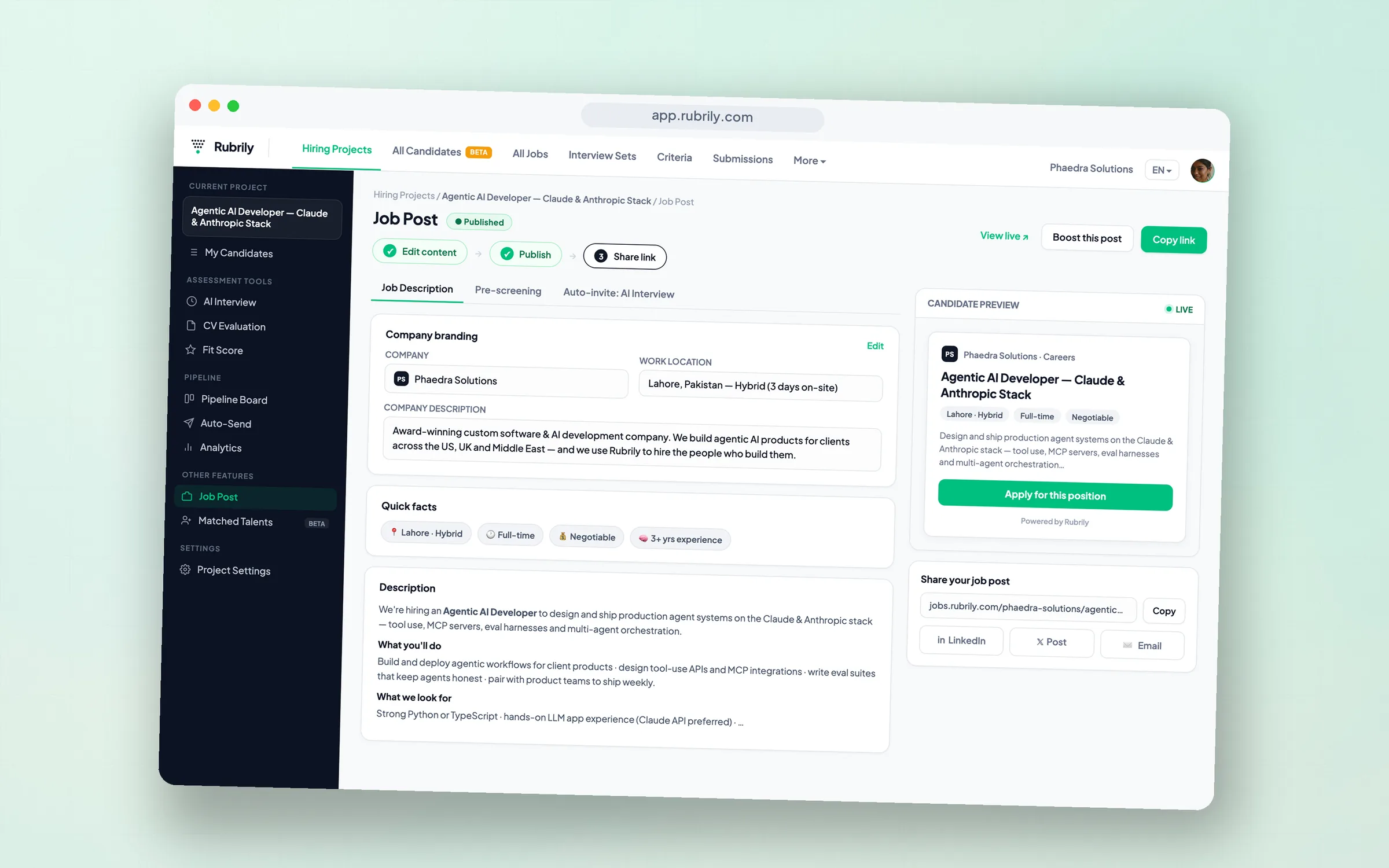 Published Rubrily job post with live candidate preview and share links.