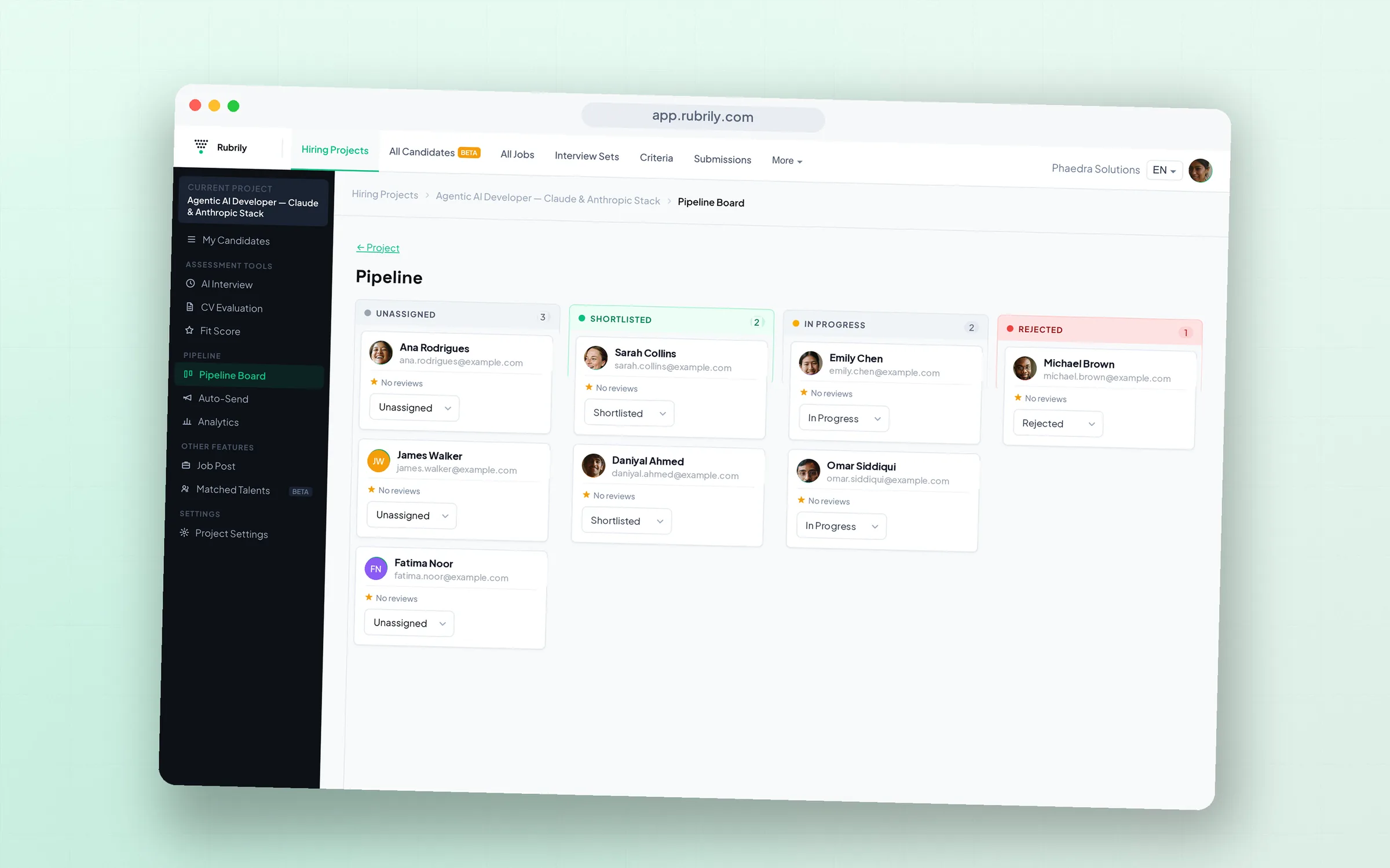 Hiring pipeline Kanban board with candidates across stages.