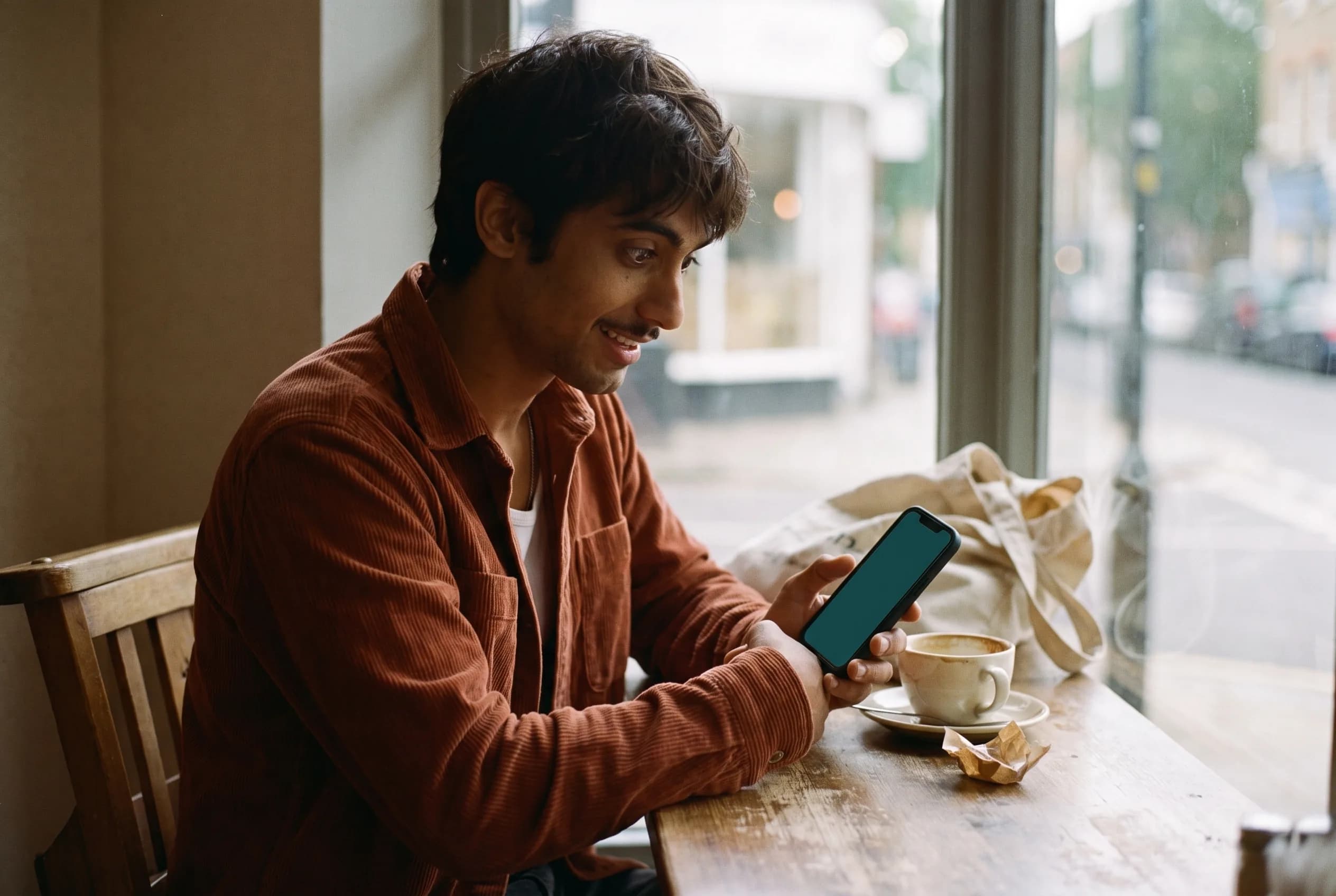 Applicant reading a Rubrily interview invite on his phone in a café.