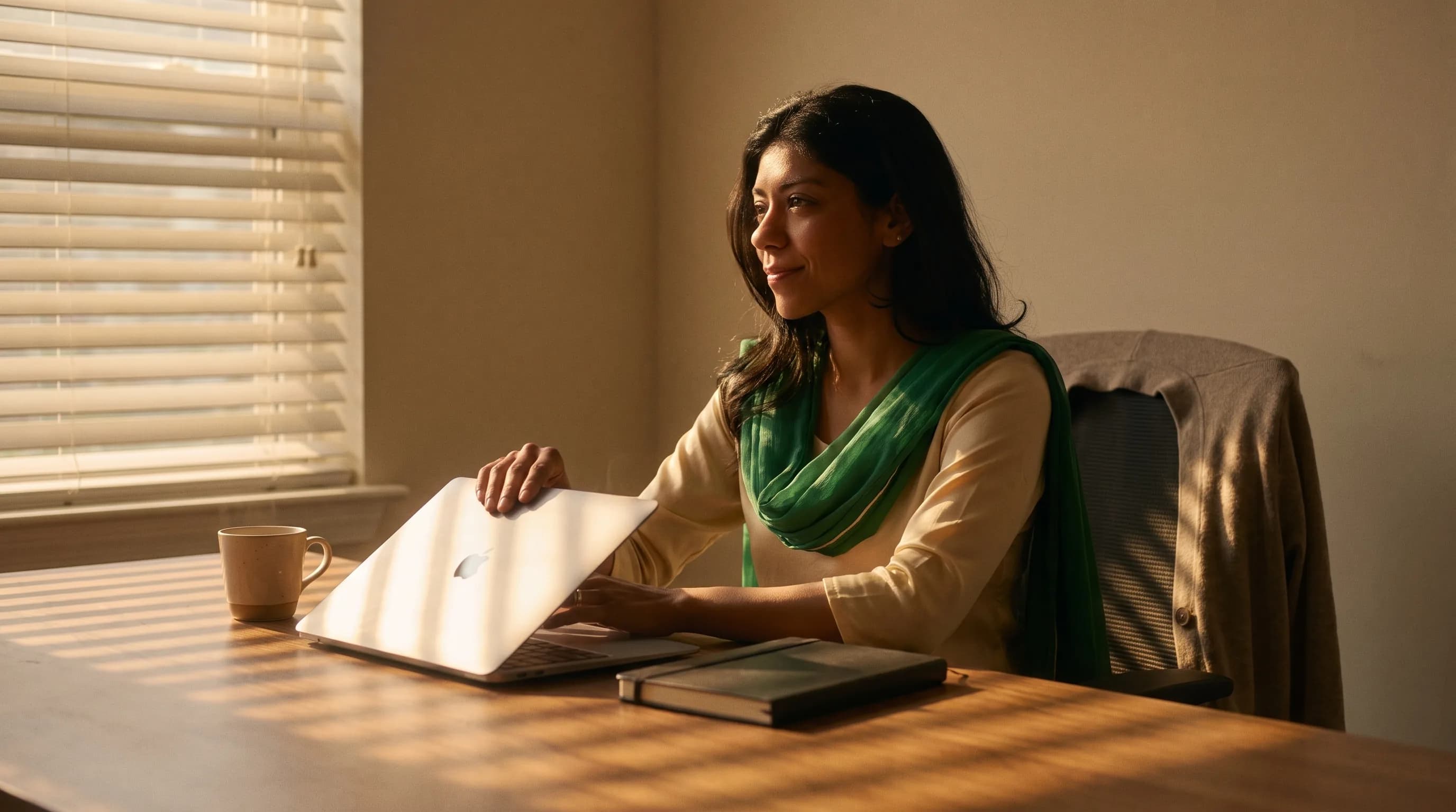 Recruiter closing her laptop at golden hour after screening wrapped up.