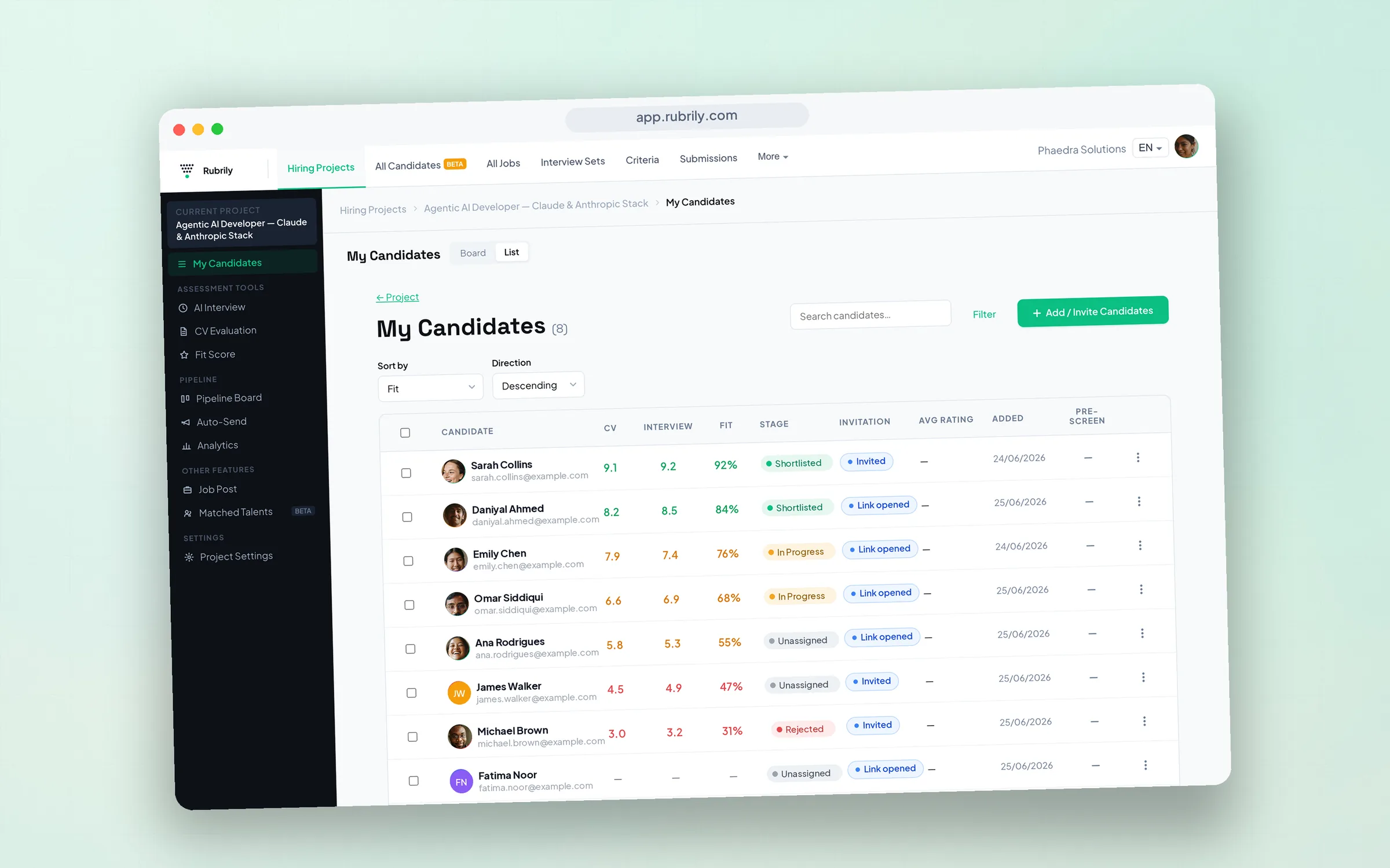 Candidates list view sorted by Fit Score with stage pills.