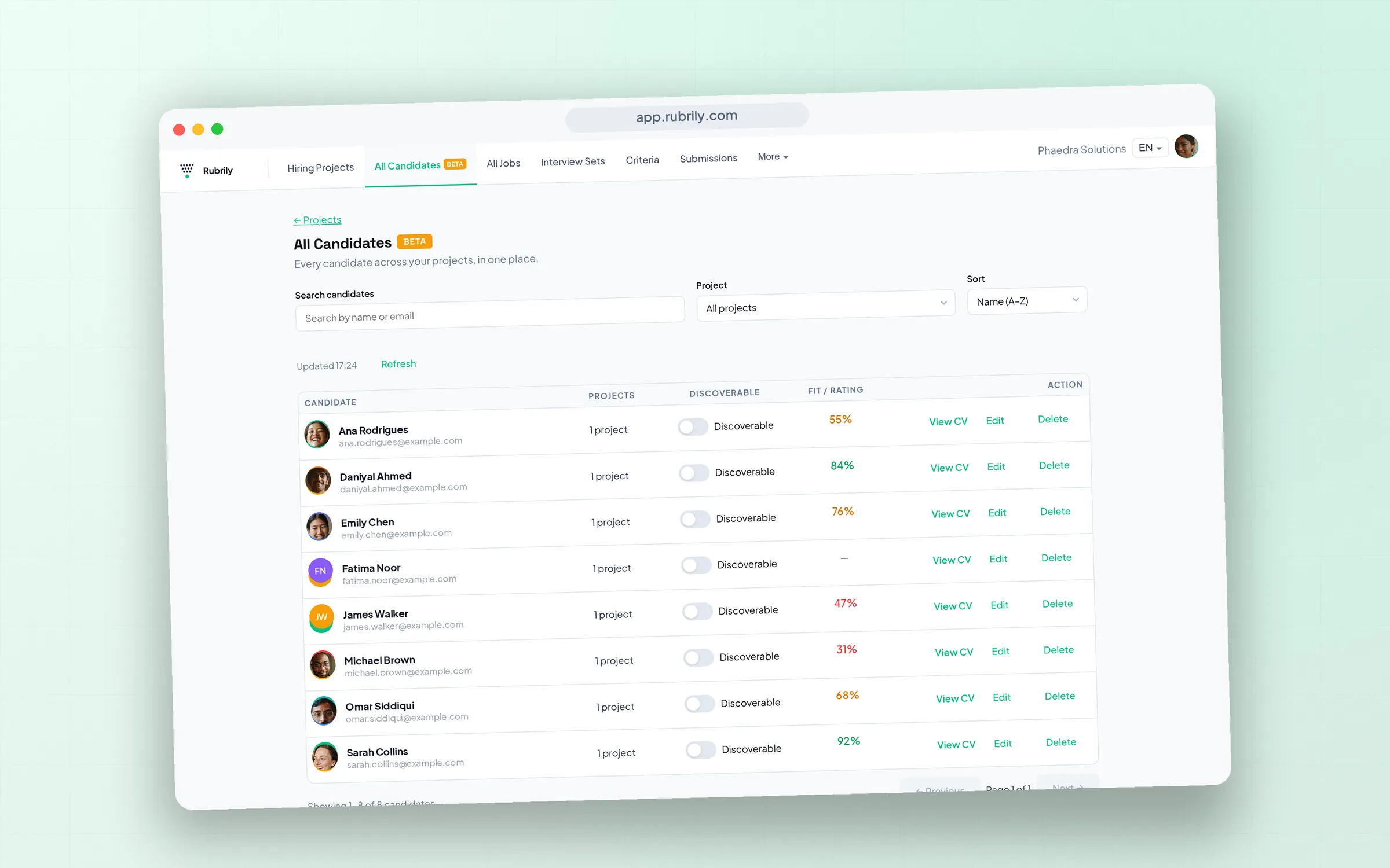 Org-wide talent pool with candidates searchable across projects.