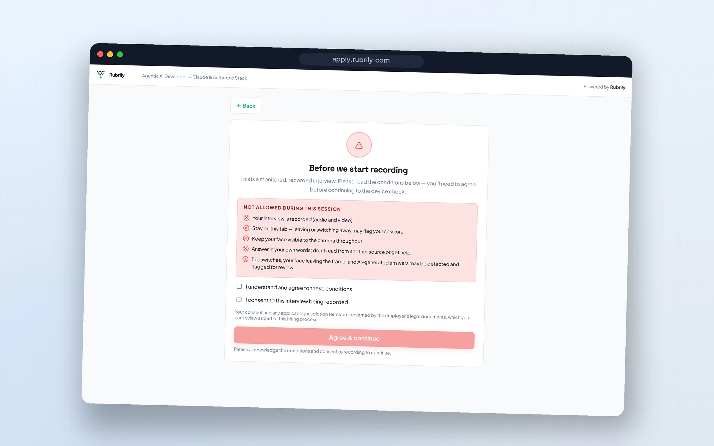 Recording-consent screen listing monitored-interview conditions before the device check.